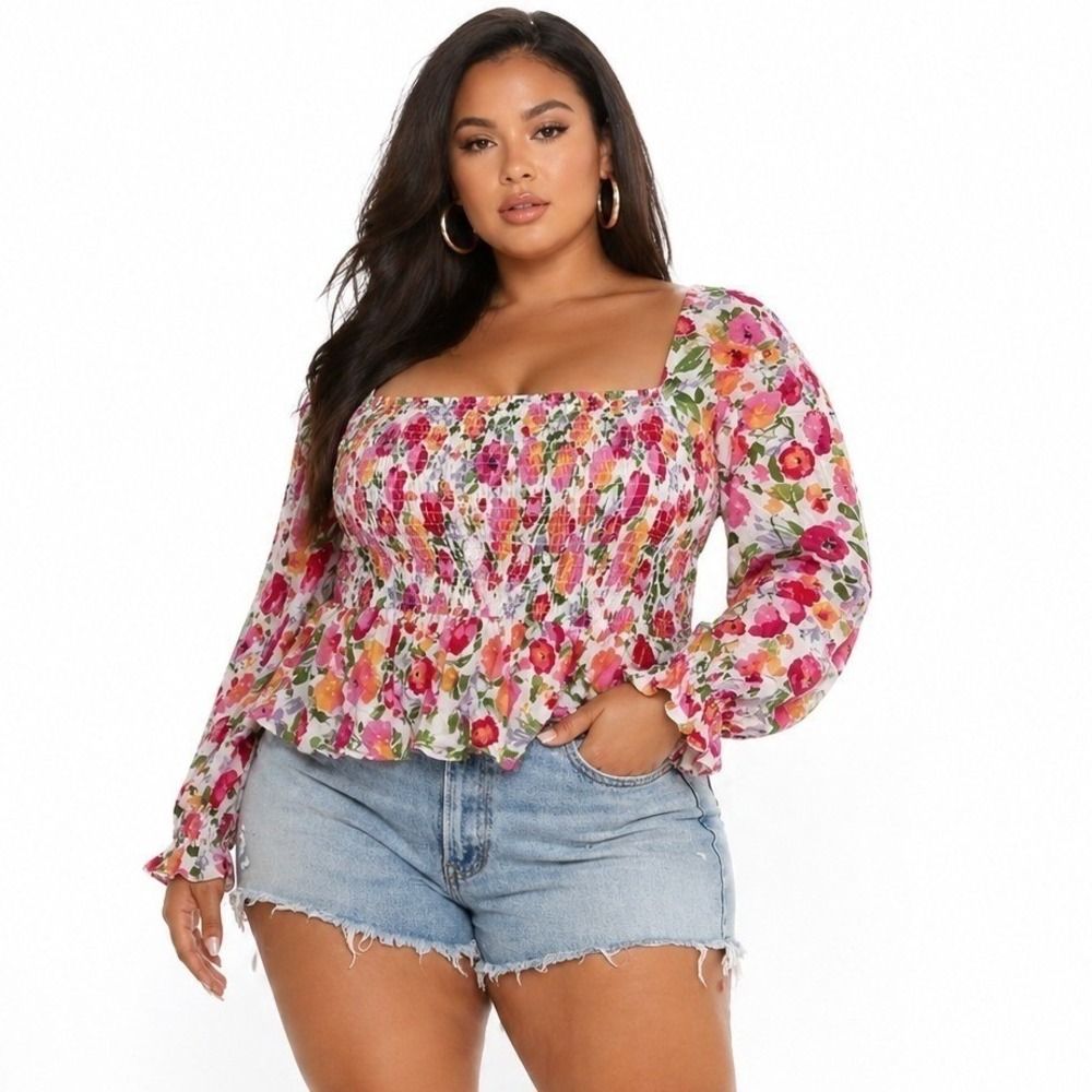 Dizzy Lizzy Mellie Smocked Top Women Size XXL Pink Floral Long Sleeve NWT
